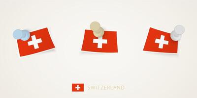 Pinned flag of Switzerland in different shapes with twisted corners. vector
