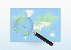 Map of the World with a magnifying glass aimed at Cuba, searching Cuba with loupe. vector