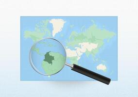 Map of the World with a magnifying glass aimed at Colombia, searching Colombia with loupe. vector