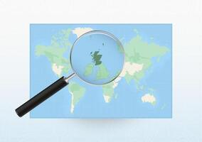 Map of the World with a magnifying glass aimed at Scotland, searching Scotland with loupe. vector