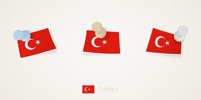 Pinned flag of Turkey in different shapes with twisted corners. vector