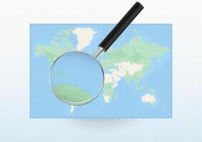 Map of the World with a magnifying glass aimed at Saint Kitts and Nevis, searching Saint Kitts and Nevis with loupe. vector