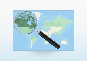 Map of the World with a magnifying glass aimed at Canada, searching Canada with loupe. vector