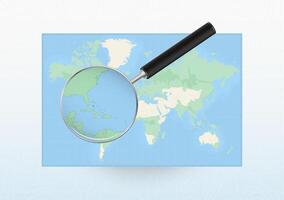 Map of the World with a magnifying glass aimed at The Bahamas, searching The Bahamas with loupe. vector