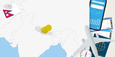 Travel to Nepal concept, map with pin on map of Nepal. Vacation preparation map, flag, passport and tickets. vector