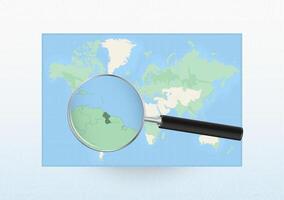 Map of the World with a magnifying glass aimed at Guyana, searching Guyana with loupe. vector