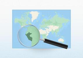 Map of the World with a magnifying glass aimed at Peru, searching Peru with loupe. vector