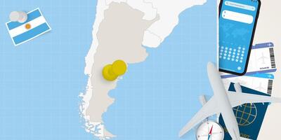 Travel to Argentina concept, map with pin on map of Argentina. Vacation preparation map, flag, passport and tickets. vector