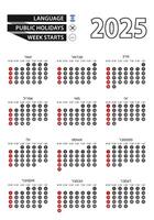 Hebrew calendar 2025 with numbers in circles, week starts on Sunday. 2025 with flag of Israel. vector