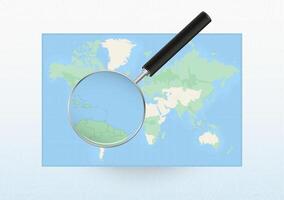 Map of the World with a magnifying glass aimed at Dominica, searching Dominica with loupe. vector