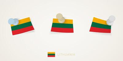 Pinned flag of Lithuania in different shapes with twisted corners. vector