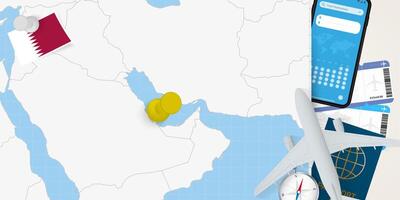 Travel to Qatar concept, map with pin on map of Qatar. Vacation preparation map, flag, passport and tickets. vector