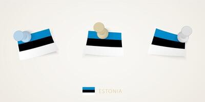 Pinned flag of Estonia in different shapes with twisted corners. vector