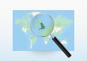 Map of the World with a magnifying glass aimed at England, searching England with loupe. vector