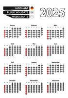 German calendar 2025 with numbers in circles, week starts on Sunday vector