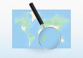 Map of the World with a magnifying glass aimed at Mauritius, searching Mauritius with loupe. vector
