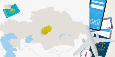 Travel to Kazakhstan concept, map with pin on map of Kazakhstan. Vacation preparation map, flag, passport and tickets. vector