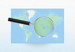 Map of the World with a magnifying glass aimed at Qatar, searching Qatar with loupe. vector