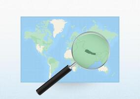 Map of the World with a magnifying glass aimed at Nepal, searching Nepal with loupe. vector