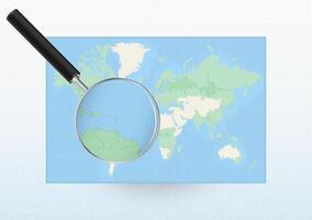 Map of the World with a magnifying glass aimed at Saint Lucia, searching Saint Lucia with loupe. vector
