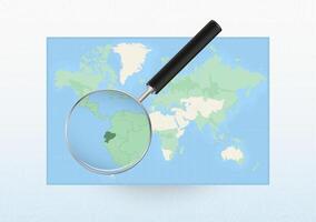 Map of the World with a magnifying glass aimed at Ecuador, searching Ecuador with loupe. vector