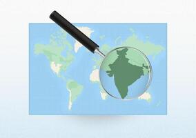 Map of the World with a magnifying glass aimed at India, searching India with loupe. vector