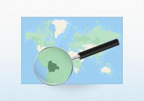 Map of the World with a magnifying glass aimed at Bolivia, searching Bolivia with loupe. vector