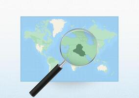 Map of the World with a magnifying glass aimed at Iraq, searching Iraq with loupe. vector