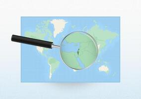 Map of the World with a magnifying glass aimed at Israel, searching Israel with loupe. vector