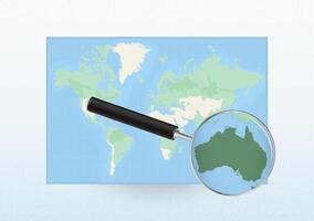 Map of the World with a magnifying glass aimed at Australia, searching Australia with loupe. vector