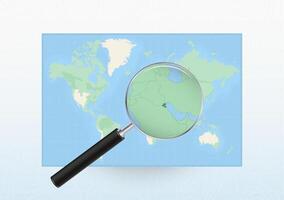 Map of the World with a magnifying glass aimed at Kuwait, searching Kuwait with loupe. vector