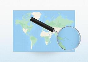 Map of the World with a magnifying glass aimed at Solomon Islands, searching Solomon Islands with loupe. vector