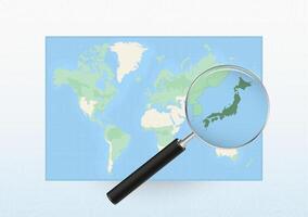 Map of the World with a magnifying glass aimed at Japan, searching Japan with loupe. vector