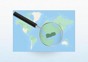 Map of the World with a magnifying glass aimed at Yemen, searching Yemen with loupe. vector
