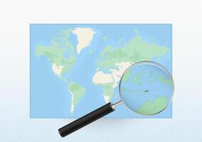 Map of the World with a magnifying glass aimed at East Timor, searching East Timor with loupe. vector