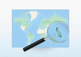 Map of the World with a magnifying glass aimed at Philippines, searching Philippines with loupe. vector