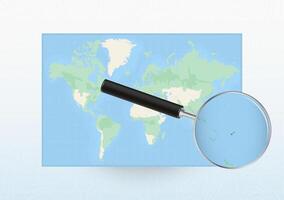 Map of the World with a magnifying glass aimed at Fiji, searching Fiji with loupe. vector