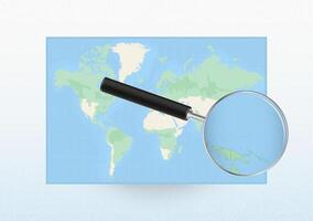 Map of the World with a magnifying glass aimed at Micronesia, searching Micronesia with loupe. vector