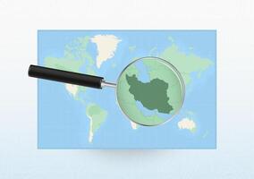 Map of the World with a magnifying glass aimed at Iran, searching Iran with loupe. vector