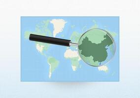 Map of the World with a magnifying glass aimed at China, searching China with loupe. vector