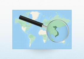 Map of the World with a magnifying glass aimed at Vietnam, searching Vietnam with loupe. vector