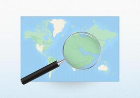 Map of the World with a magnifying glass aimed at Bahrain, searching Bahrain with loupe. vector