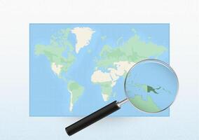 Map of the World with a magnifying glass aimed at Papua New Guinea, searching Papua New Guinea with loupe. vector