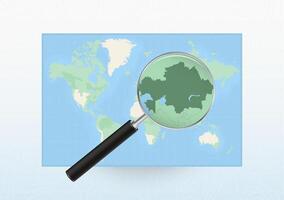 Map of the World with a magnifying glass aimed at Kazakhstan, searching Kazakhstan with loupe. vector