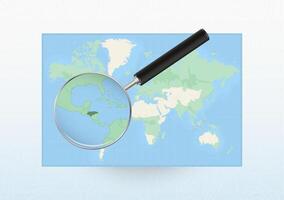 Map of the World with a magnifying glass aimed at Honduras, searching Honduras with loupe. vector