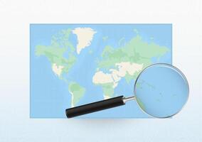 Map of the World with a magnifying glass aimed at Vanuatu, searching Vanuatu with loupe. vector