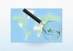 Map of the World with a magnifying glass aimed at Indonesia, searching Indonesia with loupe. vector