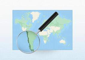 Map of the World with a magnifying glass aimed at Chile, searching Chile with loupe. vector