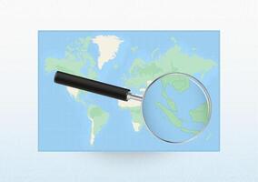 Map of the World with a magnifying glass aimed at Singapore, searching Singapore with loupe. vector