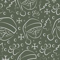 seamless pattern with simple icon of sad cat in santa hat in line art style on green background vector